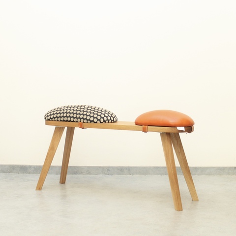 『marumoko』  bench /orange leather /dot &oak（無垢材）