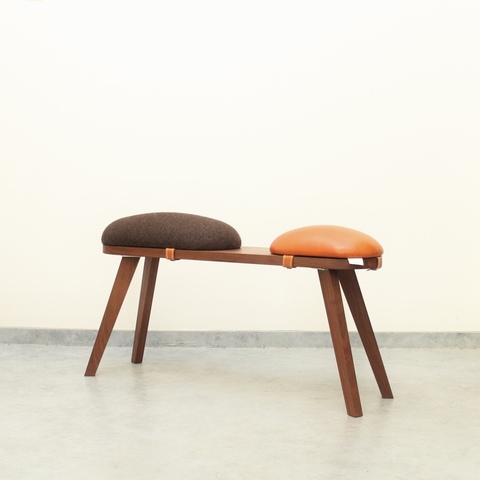 『marumoko』  bench /orange leather / brown &walnut（無垢材）