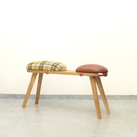『marumoko』  bench /brown leather / yellow check &oak（無垢材）